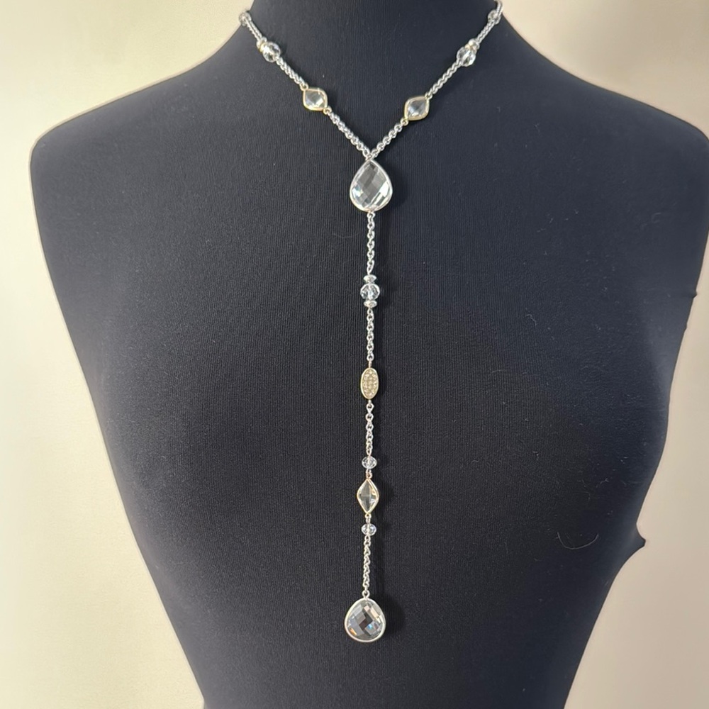 White House Black Market Silver/Clear Y-Shaped Necklace EUC